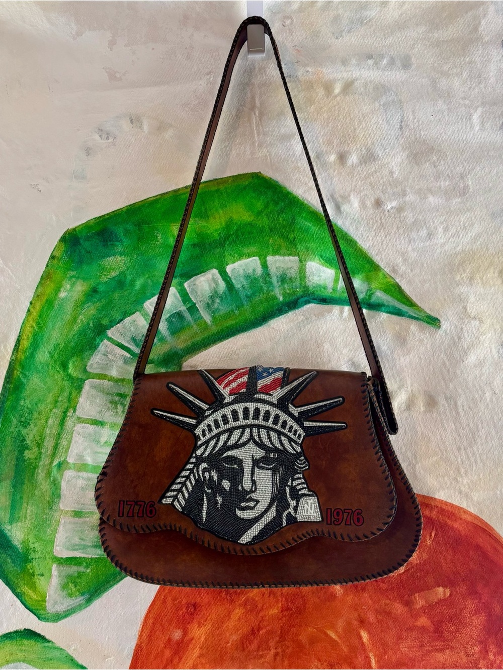Vintage America’s Birthday Leather Bag with Statue of Liberty Graphic